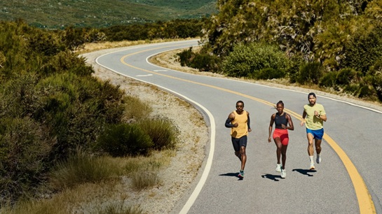 Three runners on a trail in the forest.